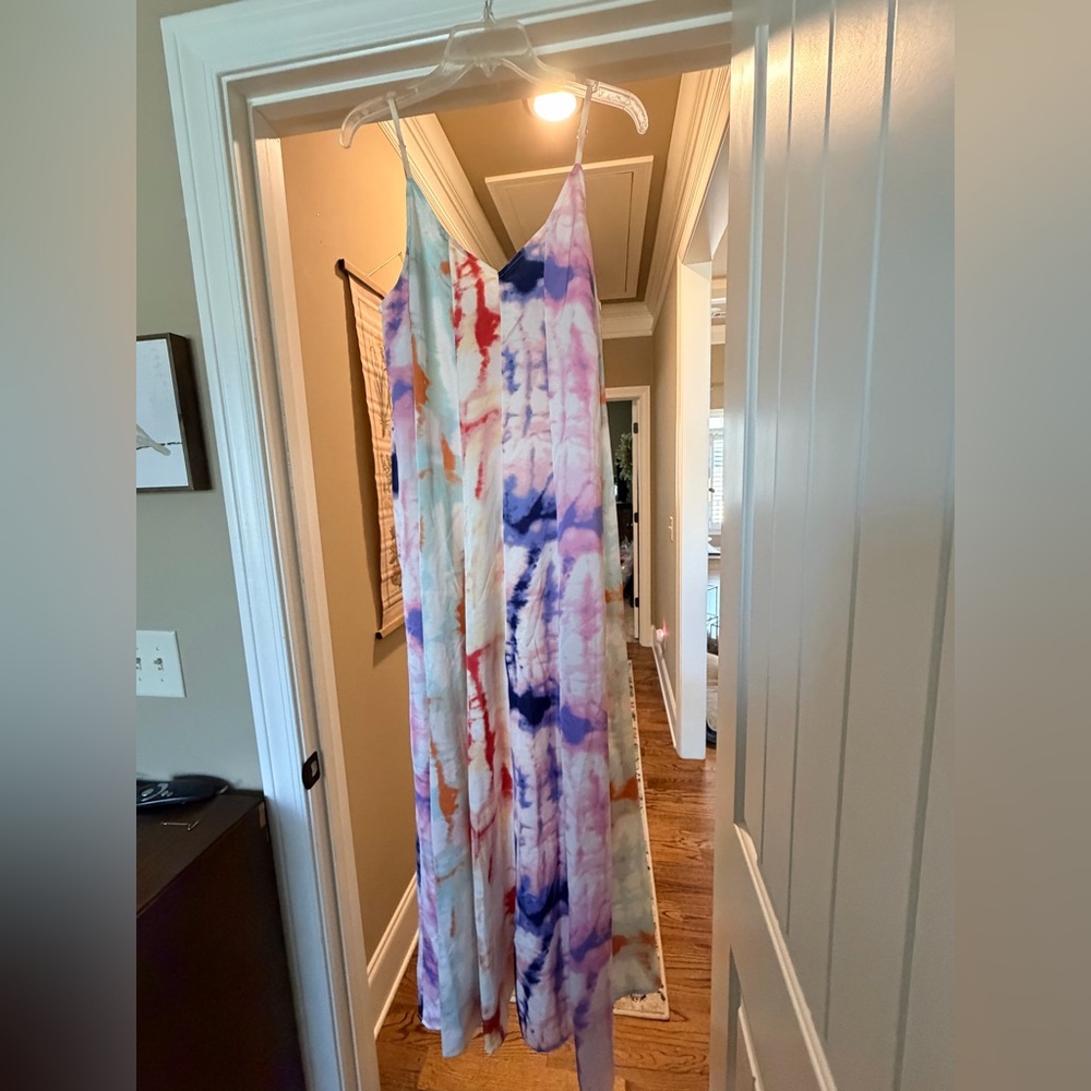 Tie-Dye Maxi Dress with Spaghetti Straps - Multicolor